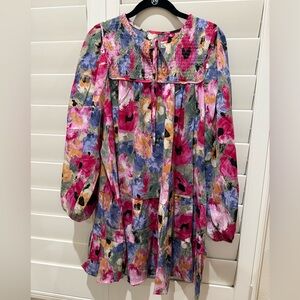Vibrant Floral Long Bubble Sleeve Dress